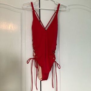 Red, lacey one piece swimsuit